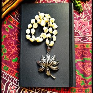 Cream Mother of Pearl statement necklace, silver lotus flower.
